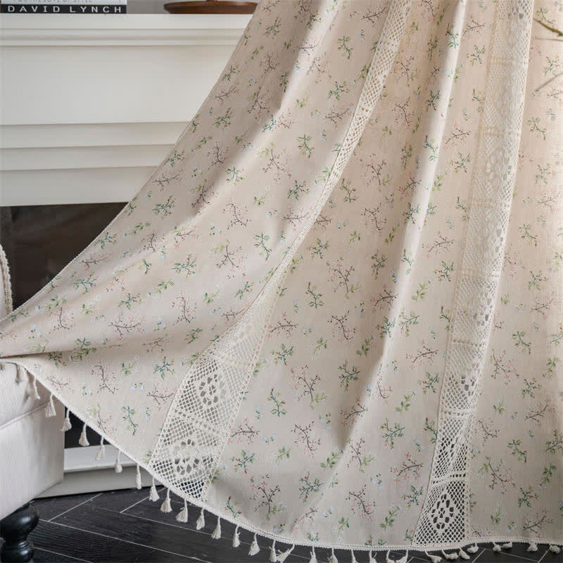 Floral Rutigt Splicing Bomull Linne Fringed Gardin Carvallo