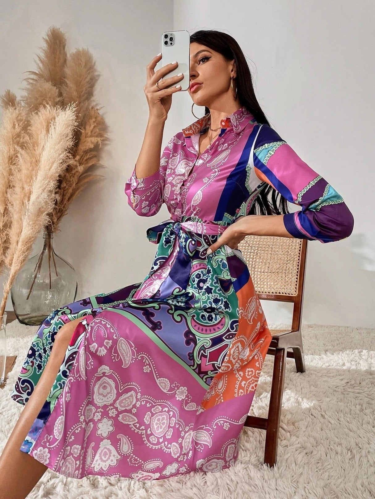 Print Belted skjortklänning med bälte-Clothes for women-Hemnix-Hemnix