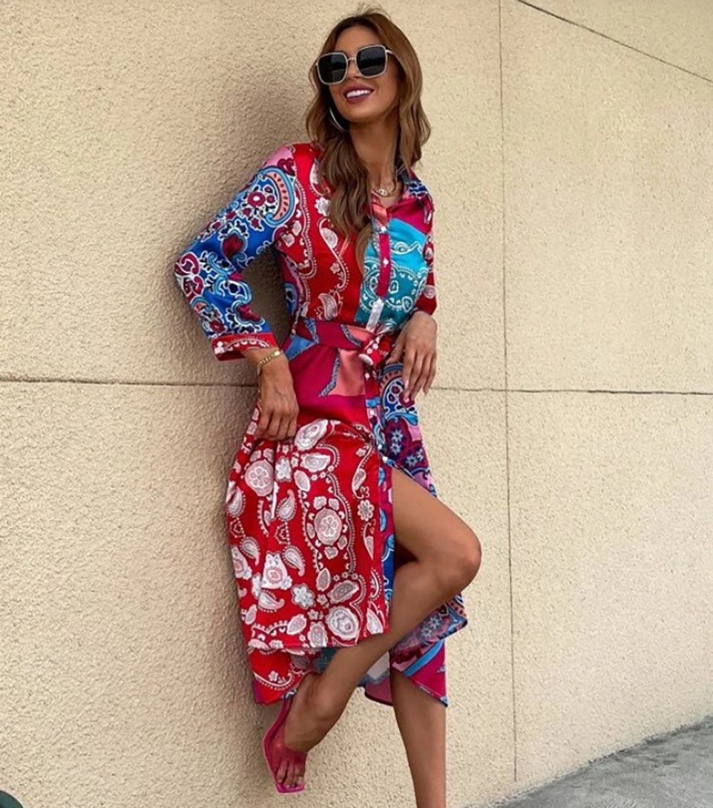 Print Belted skjortklänning med bälte-Clothes for women-Hemnix-Hemnix