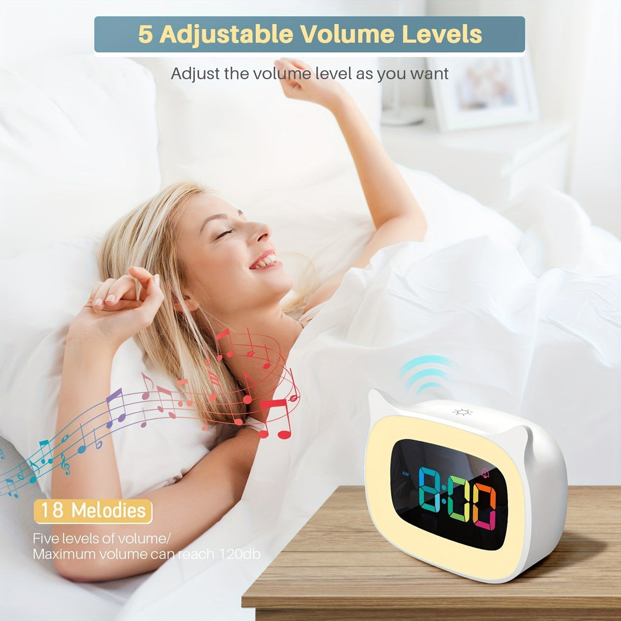 Söt Kattöra Väckarklocka – RGB Nattlampa med 18 Melodier och USB Laddningsbar Carvallo