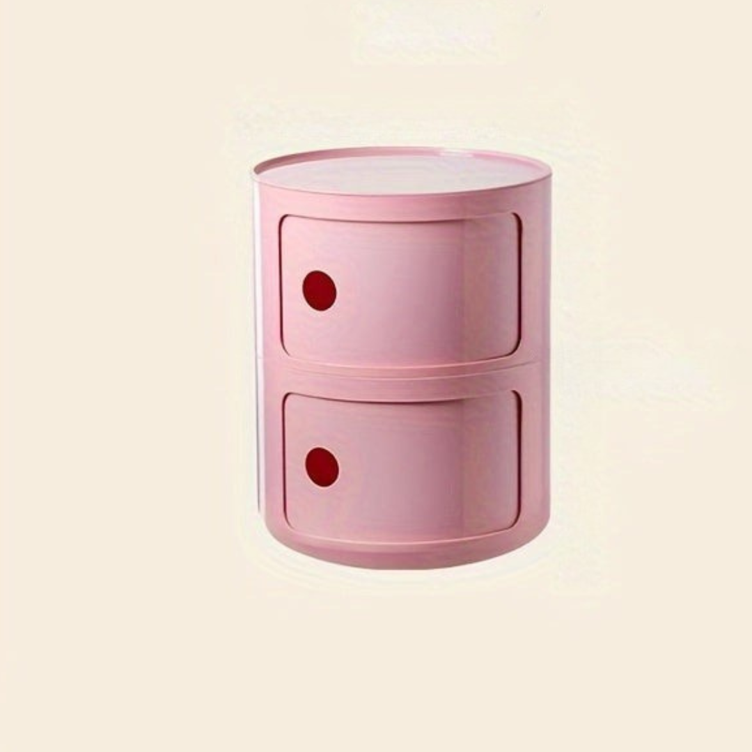 Sängbord med runda plastförvaringslådor Carvallo