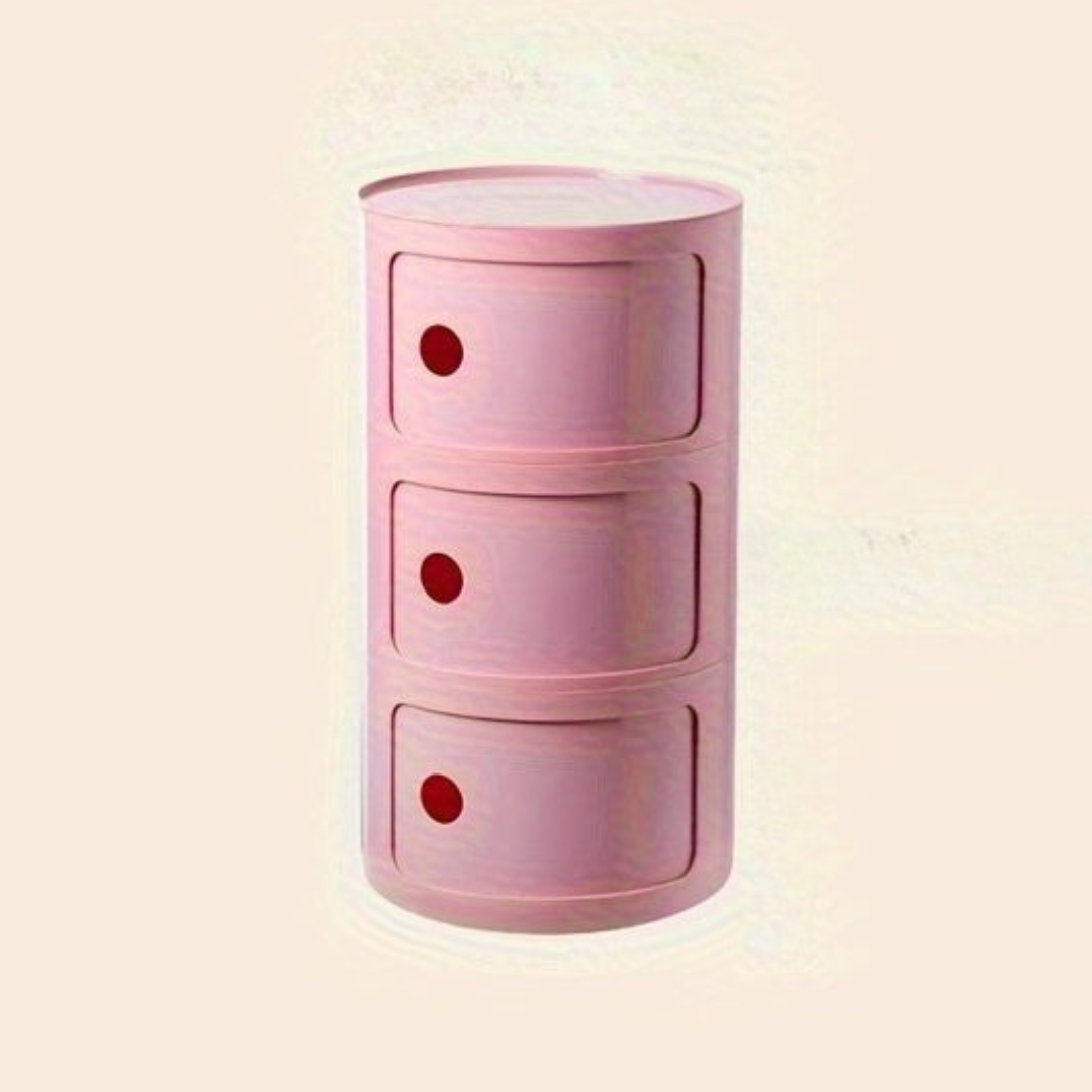 Sängbord med runda plastförvaringslådor Carvallo