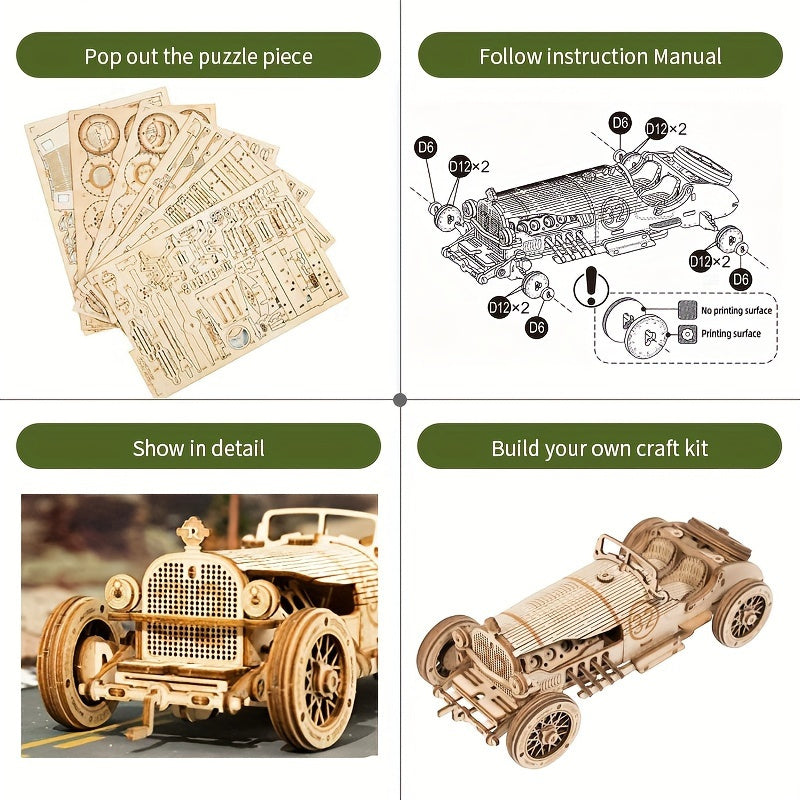 Vintage 3D Träbil Pussel – Mekanisk Modell med Växlar och Detaljerad Design Carvallo