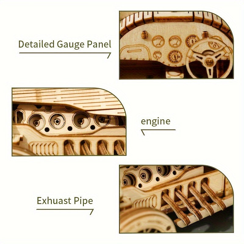 Vintage 3D Träbil Pussel – Mekanisk Modell med Växlar och Detaljerad Design Carvallo