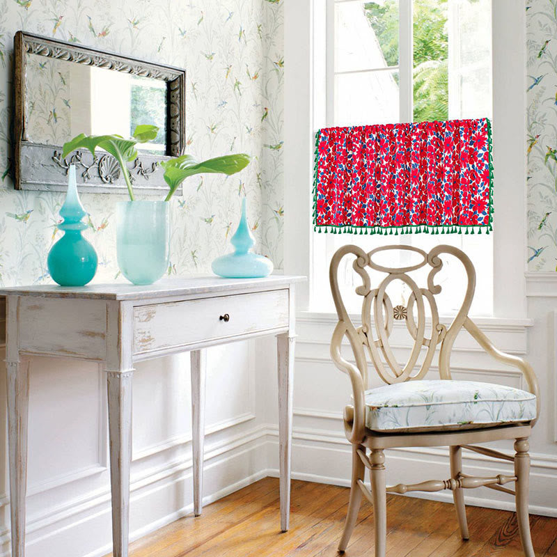 Röd blommig tryck fringed lager gardin i bomull linne Carvallo