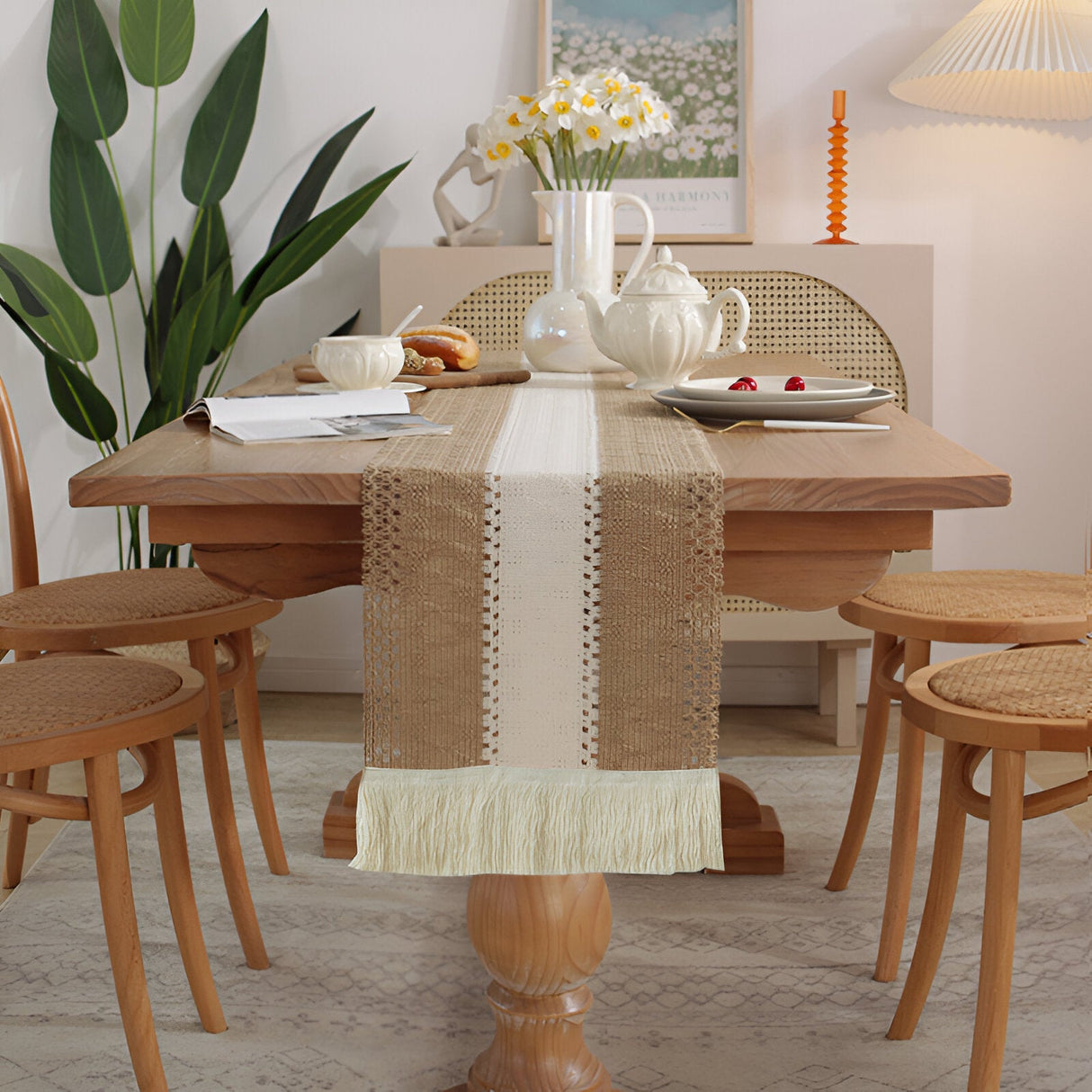 Boho Makramee Bomull Linne Bordsduk med Fransar Carvallo