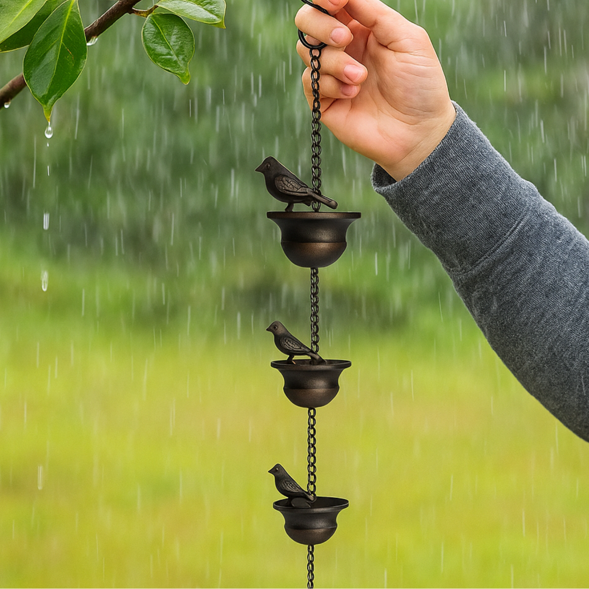 RainSong – Hängande regnkedja i metall för utomhusbruk med dekorativa fåglar och koppdetaljer MILA Sverige