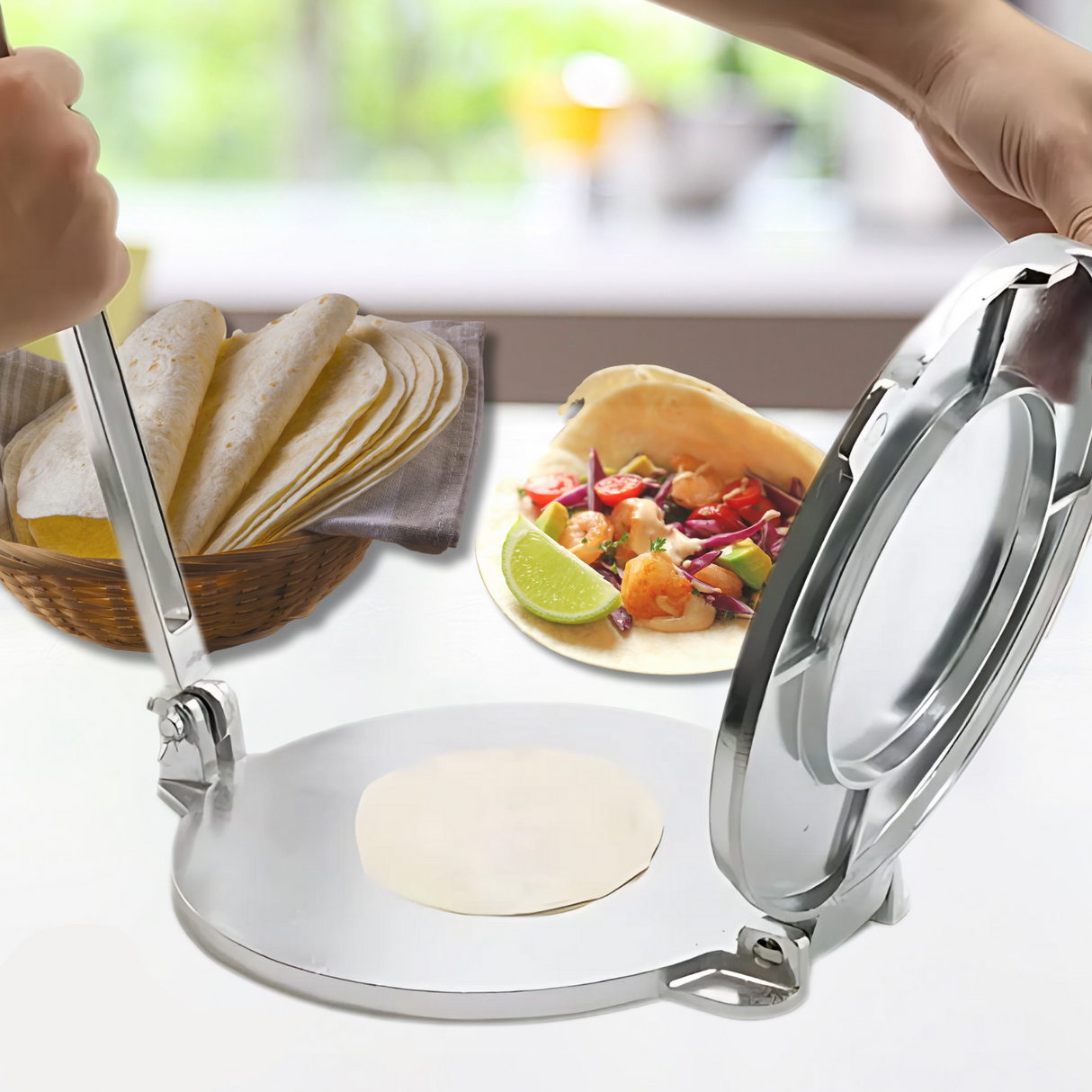 Premium tortillamaskin i aluminium – handpress för autentiska majs- och mjöltortillas MILA Sverige