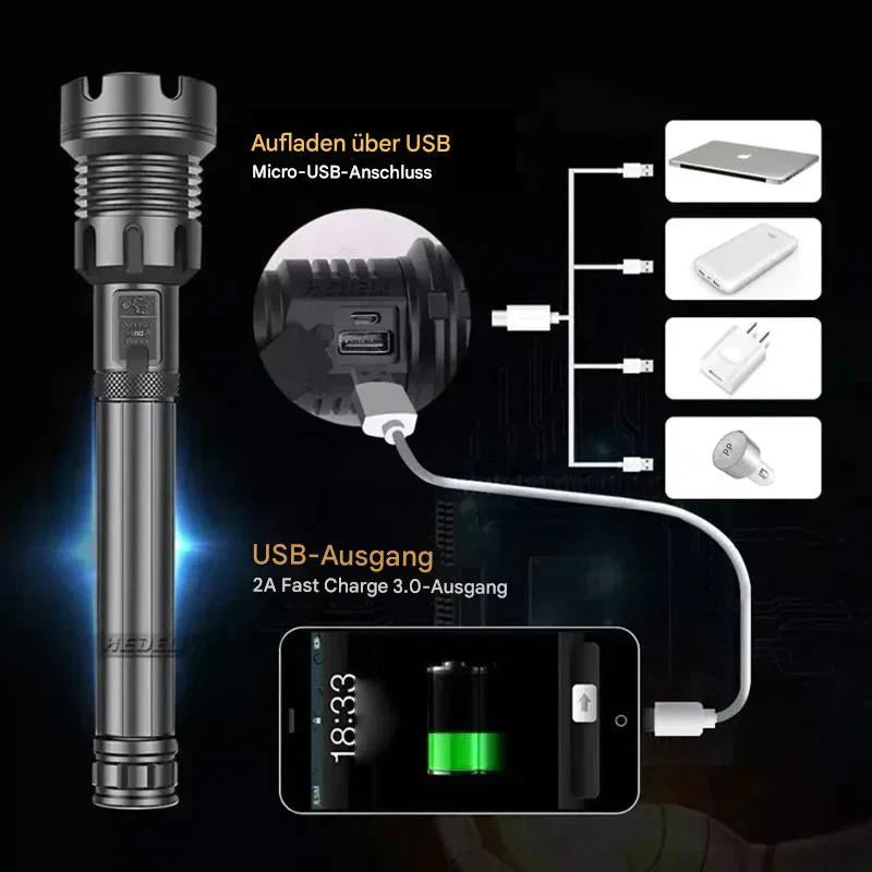 Taktisk ficklampa – LED ficklampa med zoom & powerbank-funktion Carvallo