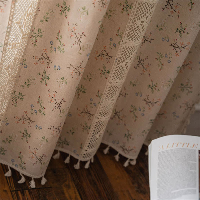 Floral Rutigt Splicing Bomull Linne Fringed Gardin Carvallo