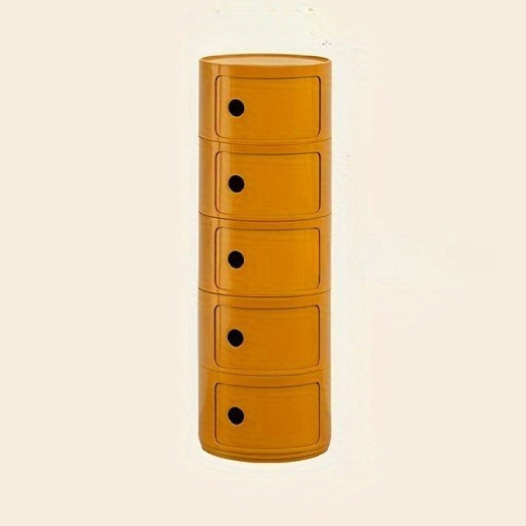 Sängbord med runda plastförvaringslådor Carvallo