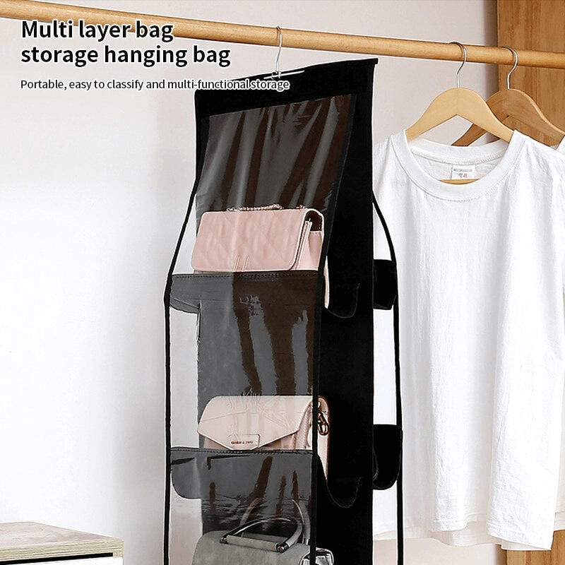 Svart Hängande Garderobsorganisatör med 6 Fickor | Dubbelsidig Förvaringslösning för Väskor, Skor & Kläder-Organisering Hemmet-BB-Hemnix