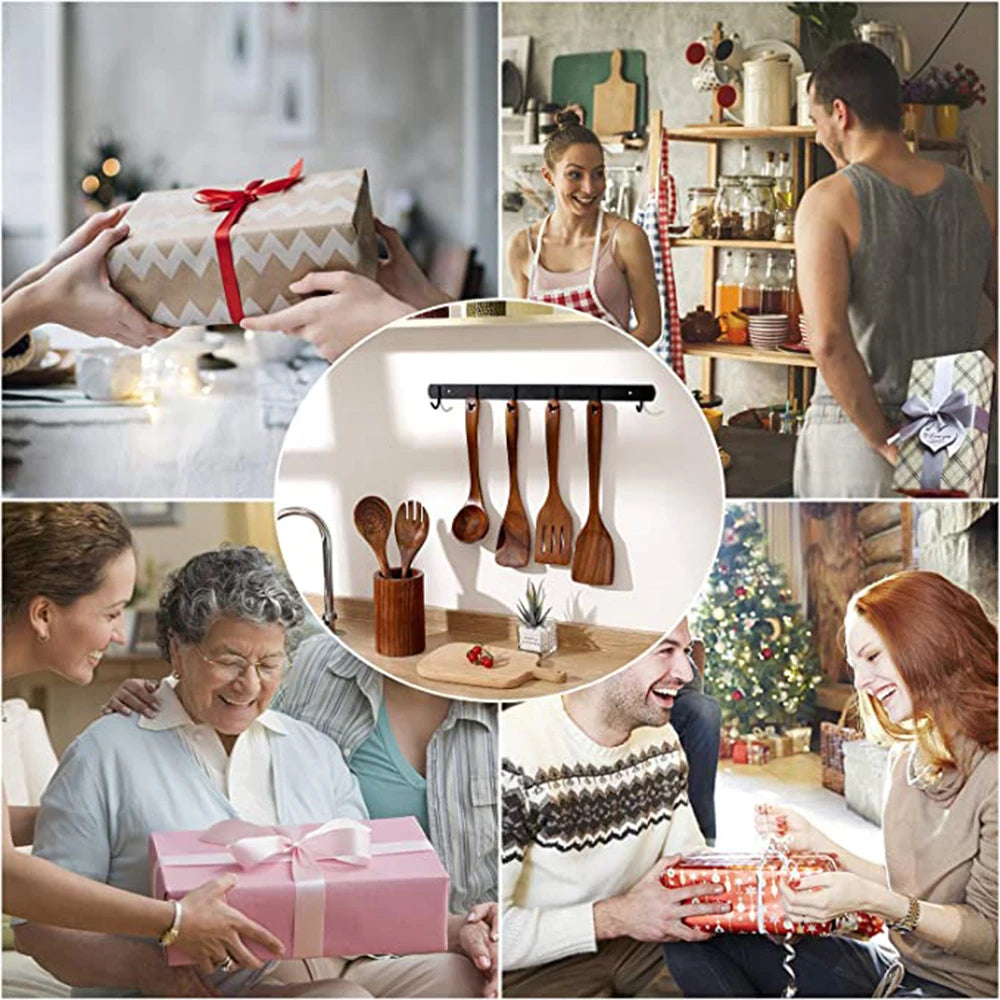 Premium naturlig teakträ köksredskap - miljövänliga, icke-giftiga matlagningsskedar, köksverktyg för hemmabruk varje dag Carvallo