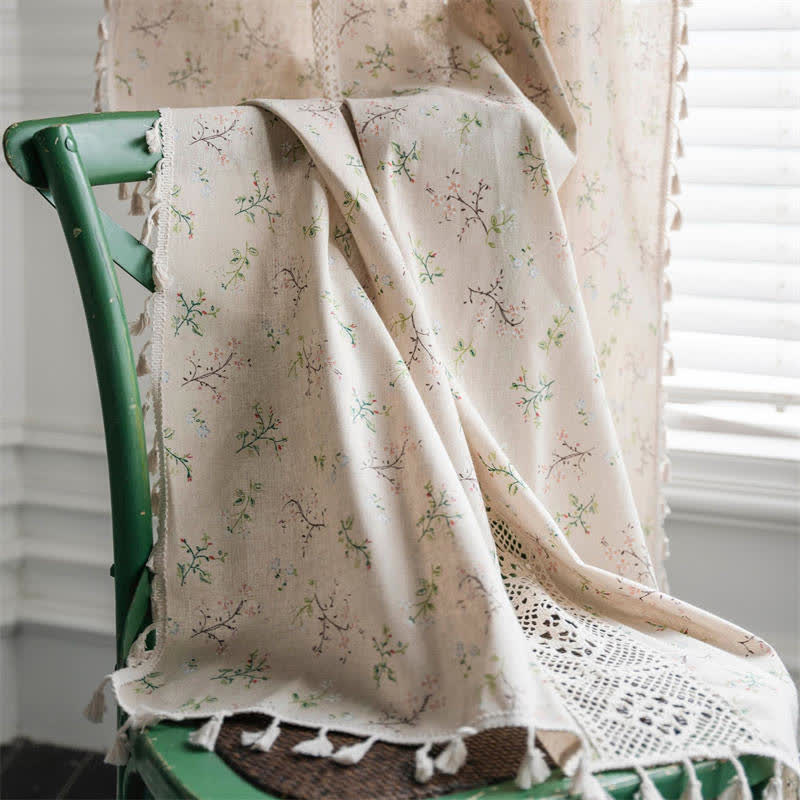 Floral Rutigt Splicing Bomull Linne Fringed Gardin Carvallo