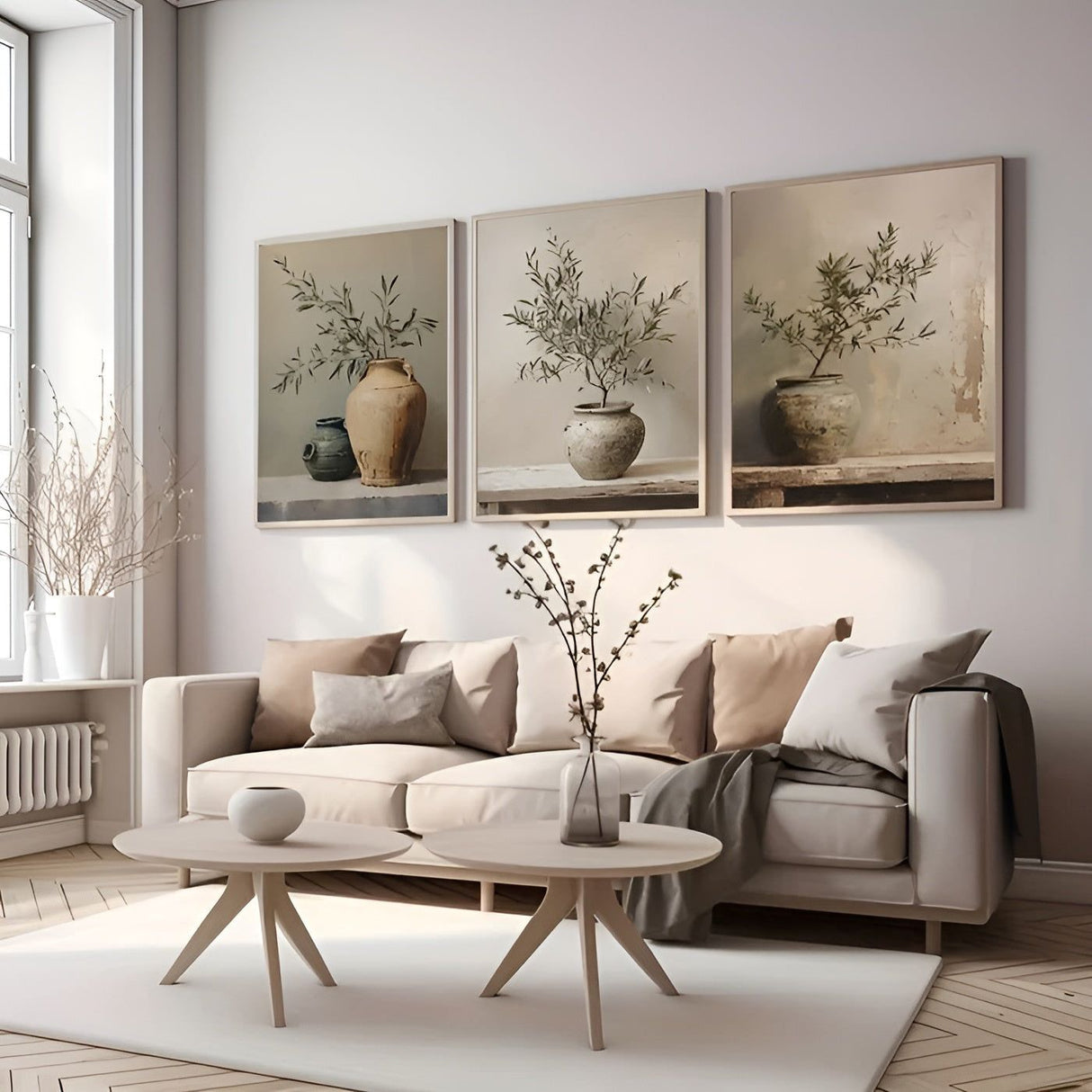 OliveVase Canvas Art - Vintage Minimalist 3-delad Botanisk Väggkonst Carvallo