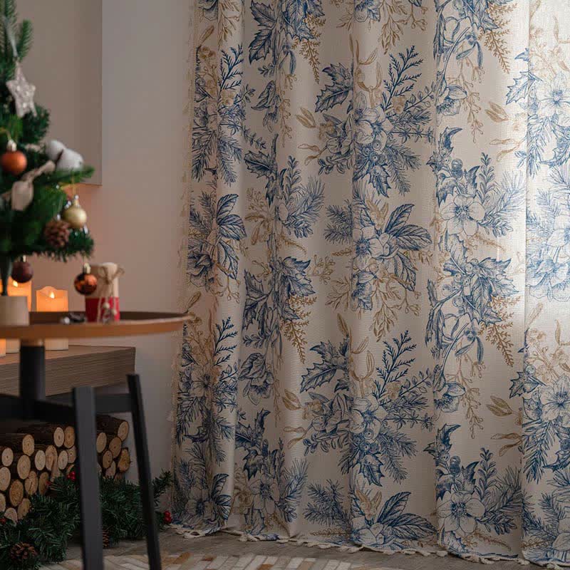 Blå Blomma Pine Bomull Lin Light Filtering Gardin Carvallo