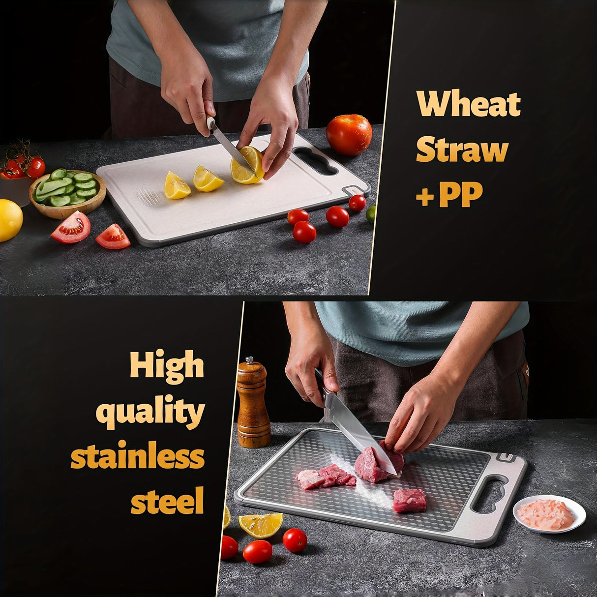 SteelEdge – Dubbelsidig skärbräda i rostfritt stål med saftspår och halkfritt grepp MILA Sverige