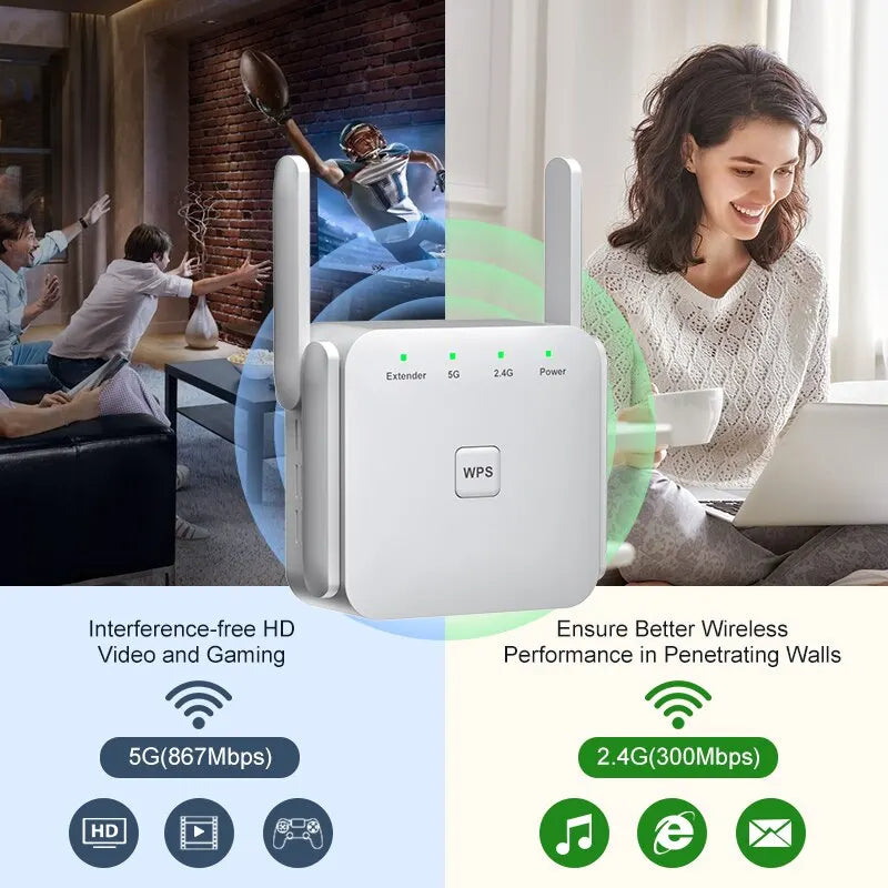 1200Mbps 5GHz Trådlös WiFi Extender | Öka ditt Internet med Dual-Band Repeater & Brandvägg Carvallo