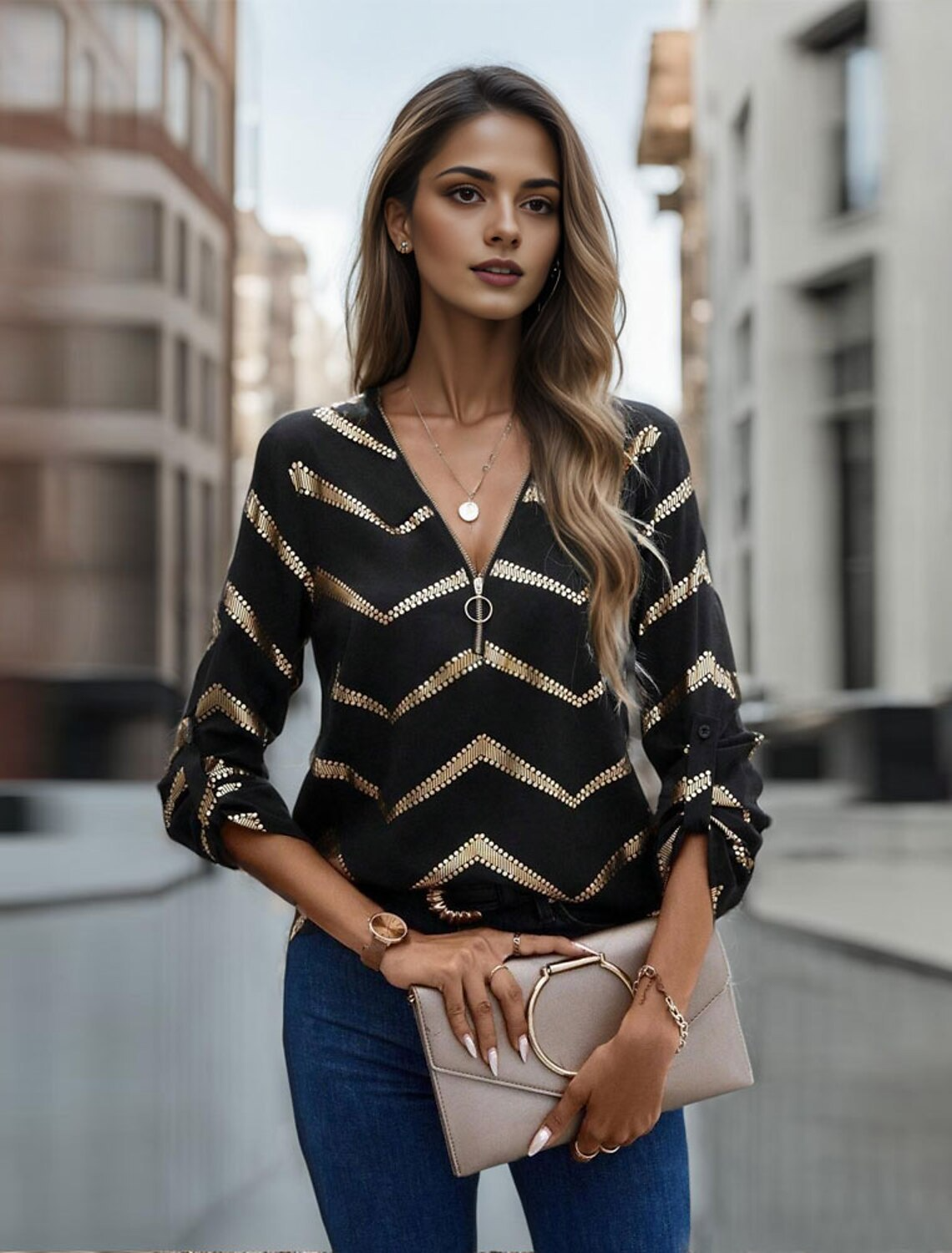 Dam Blus V-ringning Randig Lätt Tyg Bellasverige