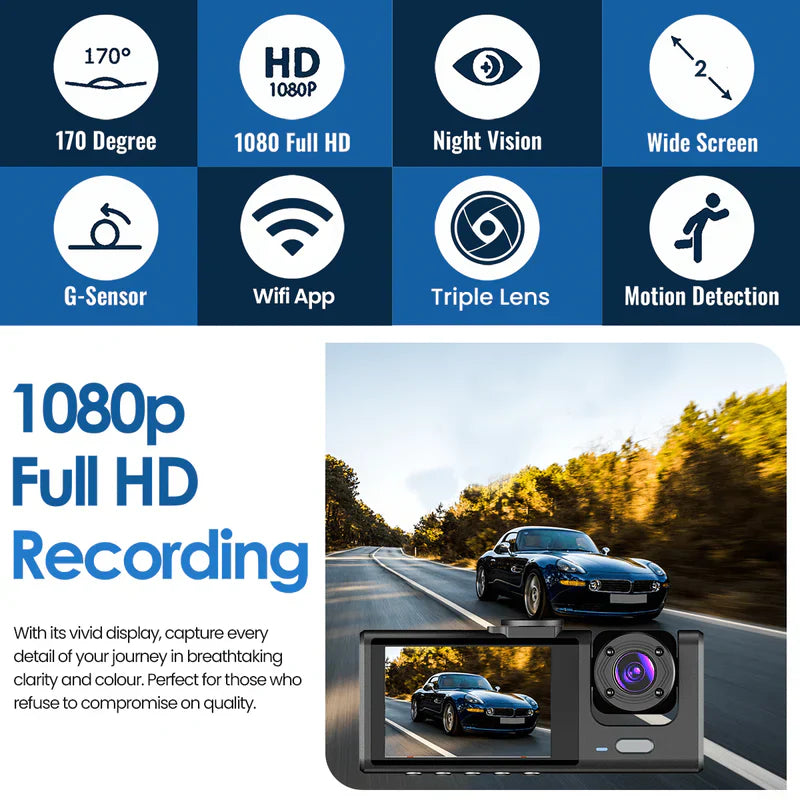 Dash Cam Triple Lens Bilkamera Nattvision Carvallo