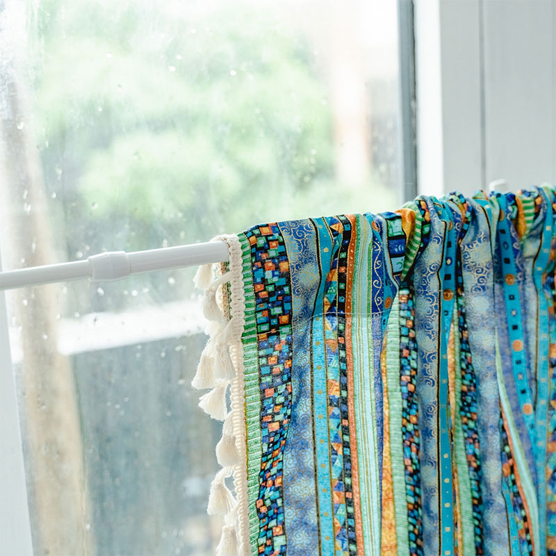 Färgglad Rutan Mönster Tofs Lager Gardin i Bomull Linne Carvallo