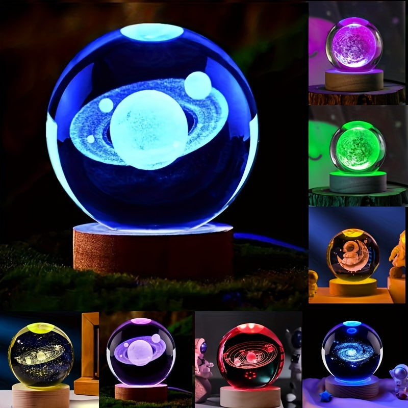 LumiSphere - 3D Kristallboll LED Nattlampa med Träbas Carvallo
