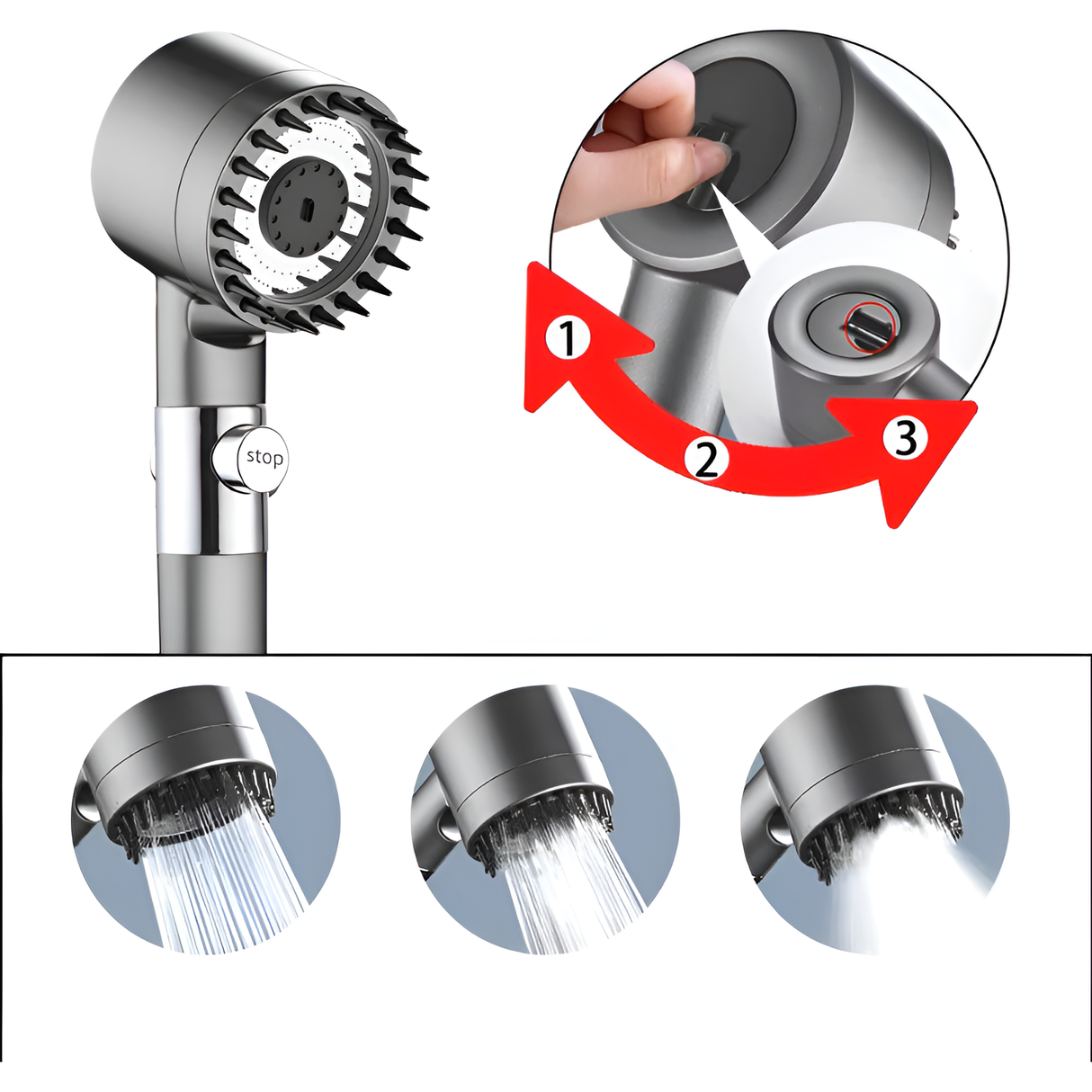 HydroPower Duschhuvud – Högtrycksduschhuvud med 3 lägen och massageborste Carvallo