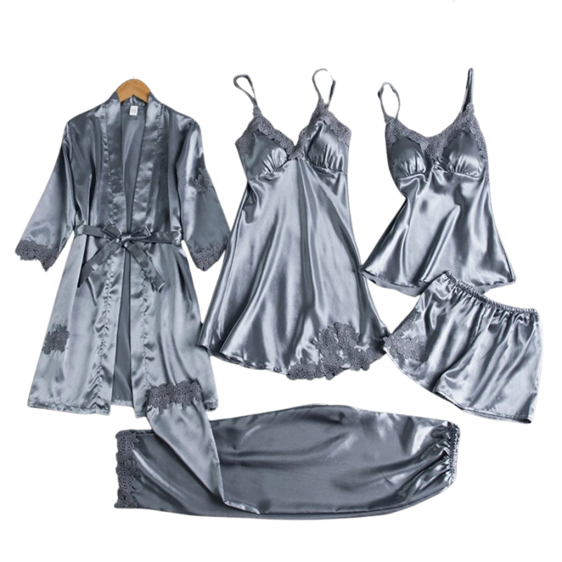 5-i-1 Satin Nattkläder Set-bellasverige-Grå-M-Hemnix