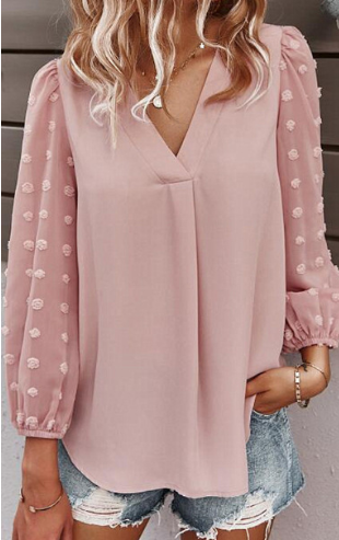 Dam Festtopp Långärmad Hackad Halsringning Mjuk Polyester-Kvinnors toppar-Hemnix-Rosa-S-Hemnix