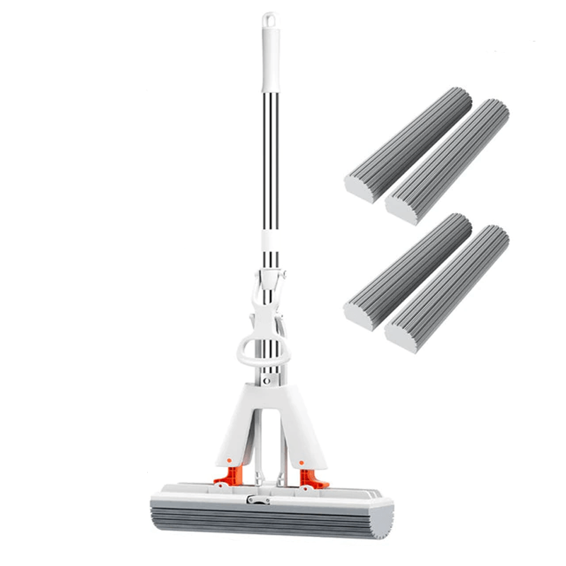 Självpressande Mopp med Teleskopskaft – Hopfällbar Bomullsmopp för Effektiv Golvrengöring & Torkning-fönsterputsare-BB-4 mopphuvuden-Hemnix