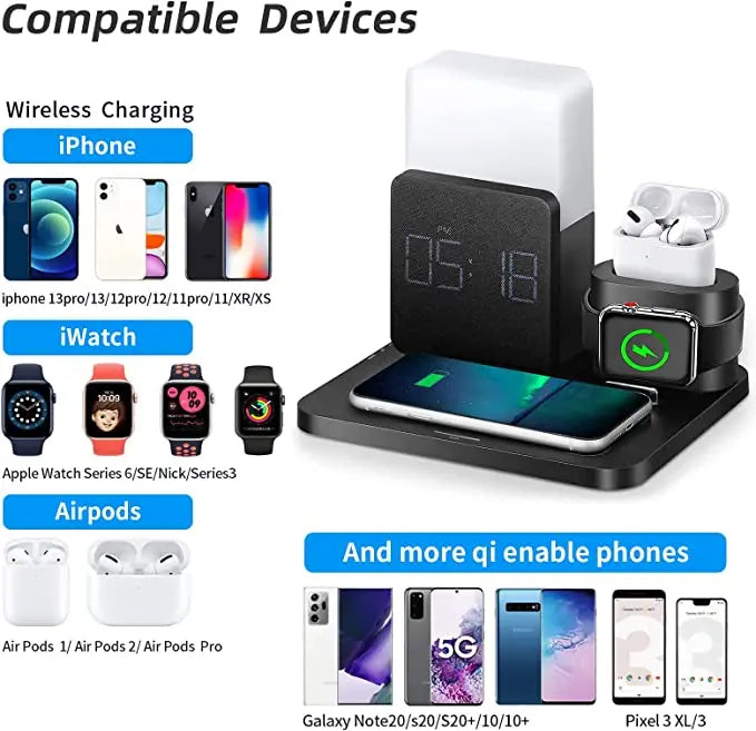 Multifunktionell Trådlös Laddningsstation – Lampa och Väckarklocka Ingår Carvallo