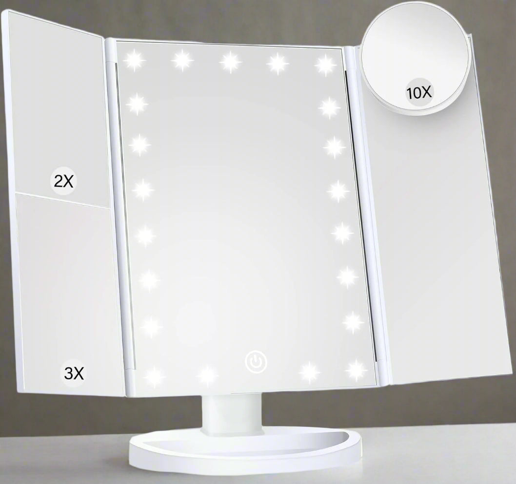 Luxora Tri-Fold Led Smink Spegel Med Ljus 2X 3X 10X Carvallo