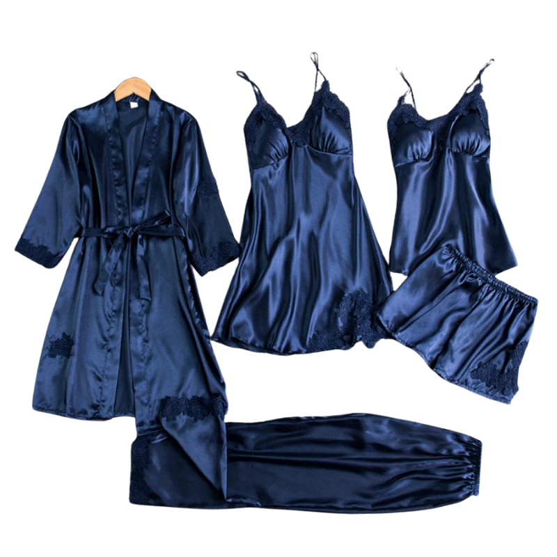 5-i-1 Satin Nattkläder Set-bellasverige-Marinblå-M-Hemnix