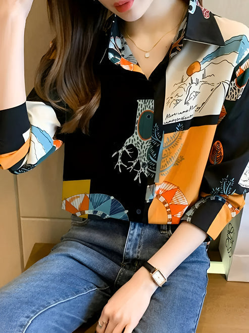 Dam Blus Vintageinspirerad Förtrollande Tryck 100% Bomull Hemnix