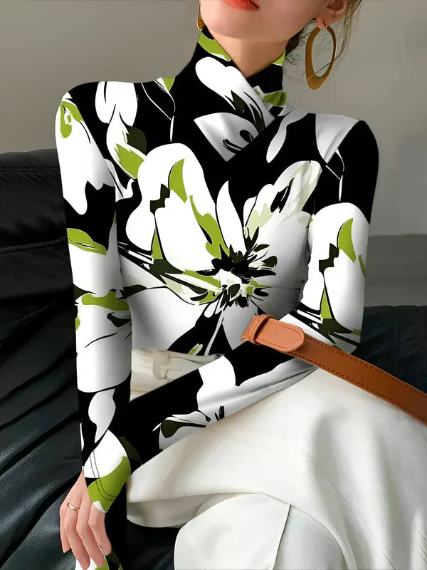 Långärmad T-shirt Dam Turtleneck Blommigt Tryck Mjuk Material-Dam T-shirts-Hemnix-Hemnix