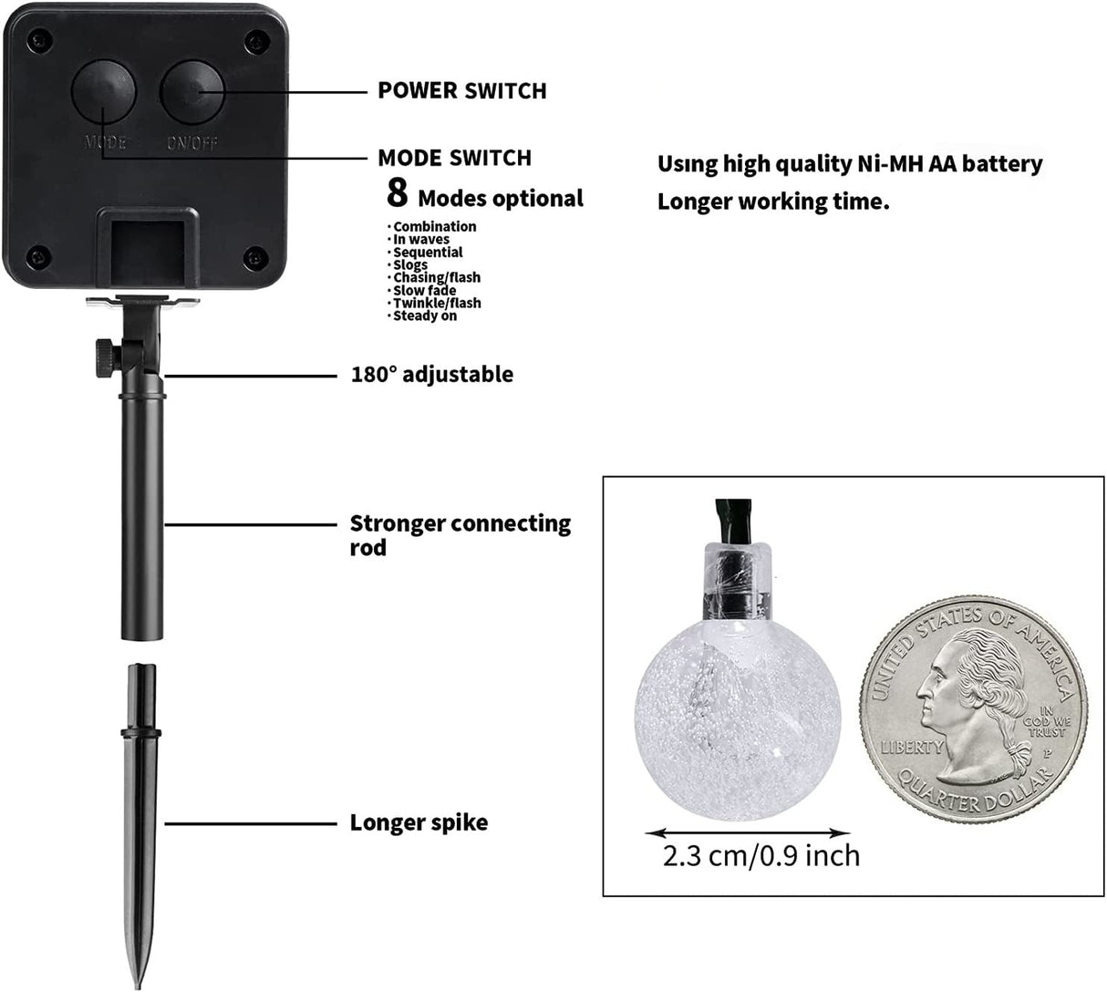Solenergi Drivna Vattentåliga Kristall Globe Ljus – 35,6 fot Utomhus LED Ljuslina med 8 Lägen (Perfekt för Trädgård, Terrass, Evenemang) Carvallo