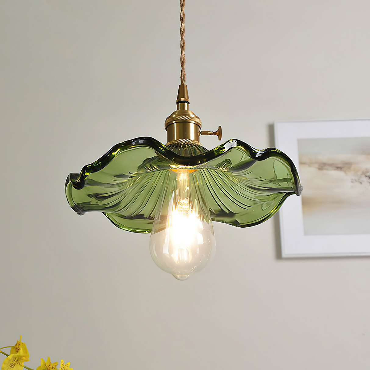 Art Nouveau Fluted Glass Pendant | Flower-Inspired Shade | H4.72in x D9.06-23.62in | Brass & Glass Craftsmanship | Brick by Brick Carvallo