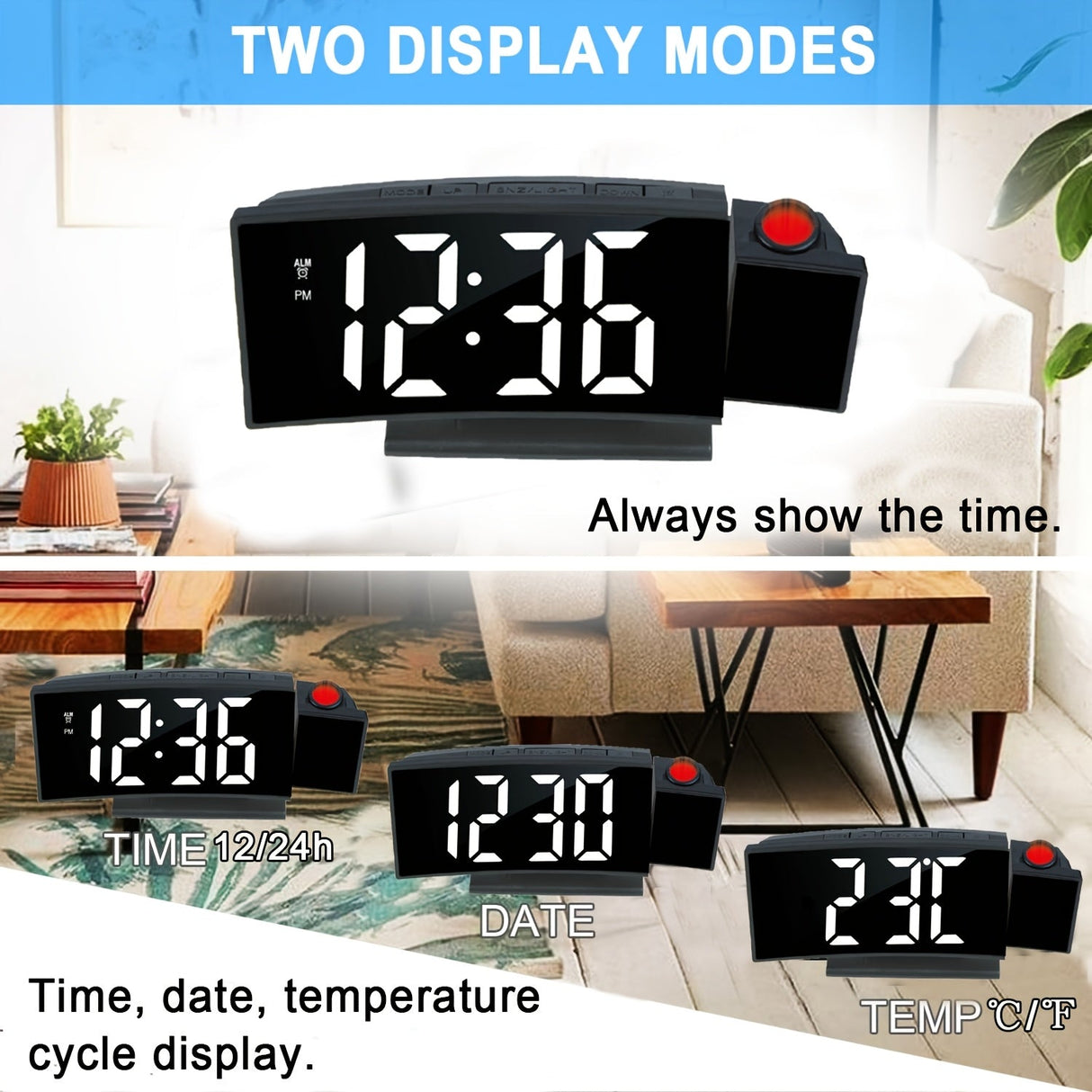 Digital projektionsväckarklocka – LED-display och snooze-funktion med justerbar ljusstyrka Carvallo