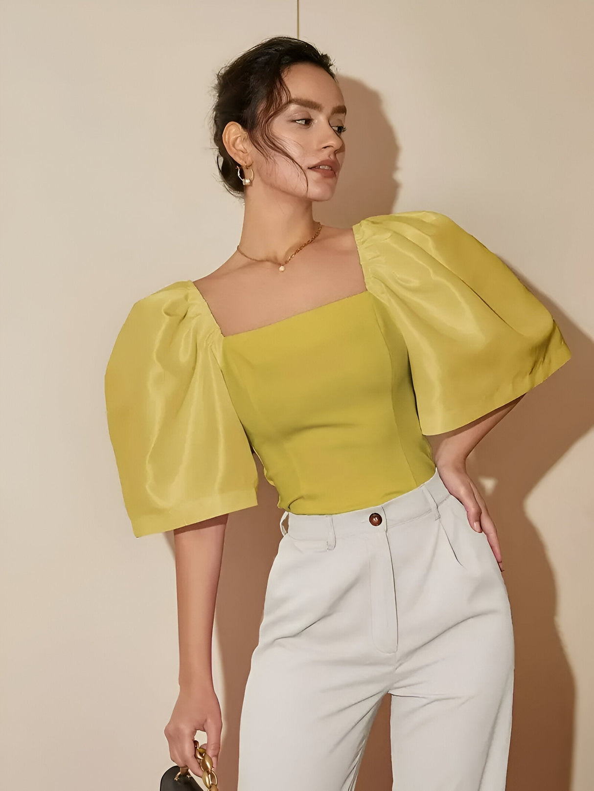 Dam Blus Fyrkantig Halsringning Elegant Polyester-Blusar-Hemnix-Senapsgul-XS-Hemnix