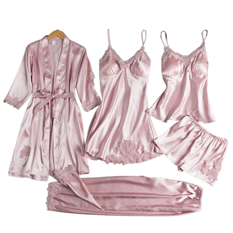 5-i-1 Satin Nattkläder Set-bellasverige-Rosa-M-Hemnix