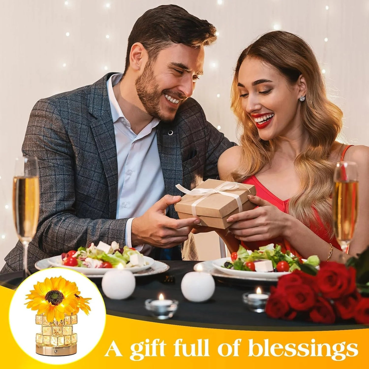 Solros Bordslampa, Glam Akryl Crystal Solros Touch Lampa med 54 LED-lampor, Gul och Klar/Genomskinlig, Sladdlös, Dimbar, Utomhusbruk Carvallo