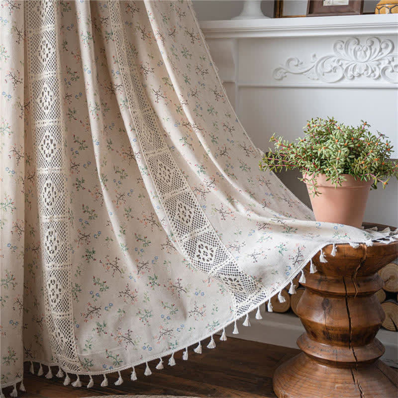 Floral Rutigt Splicing Bomull Linne Fringed Gardin Carvallo