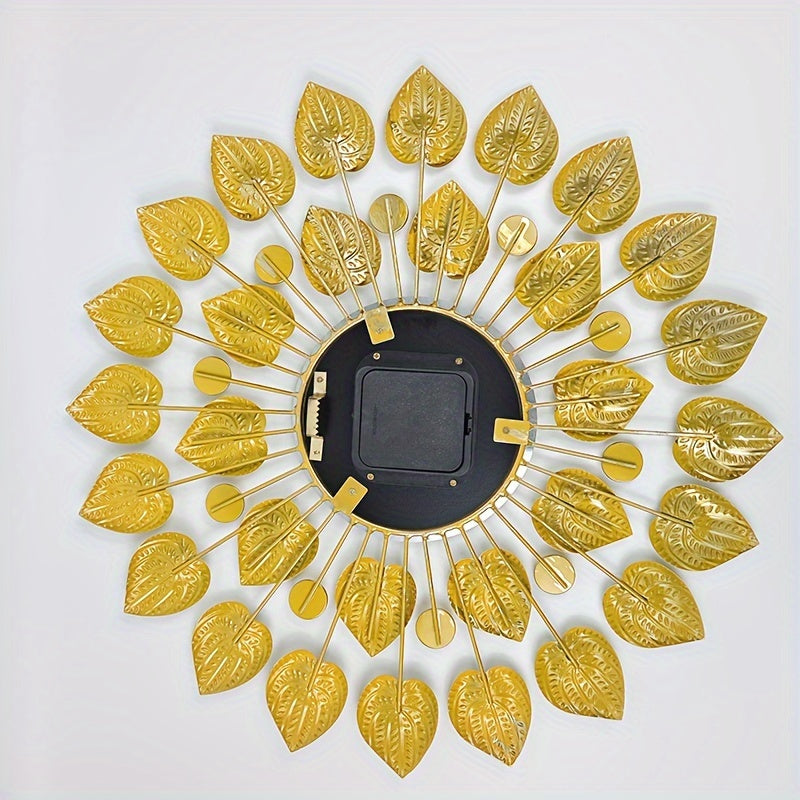Modern Tyst Väggklocka med Guldbladdesign – Metall, Rund Klocka, AA Batteri, Tyst för Vardagsrum och Matrum Carvallo