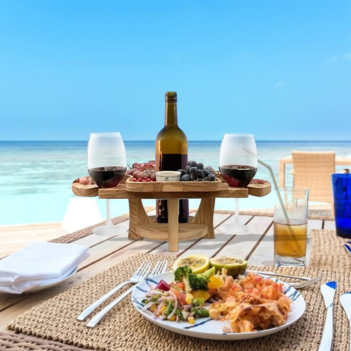 Carvallo-in-1 Utomhusbord Frulino DuoTray | Fällbar fruktskål & vinglasstativ | Av trä | Bärbar & Elegant | För picknick & trädgård Carvallo