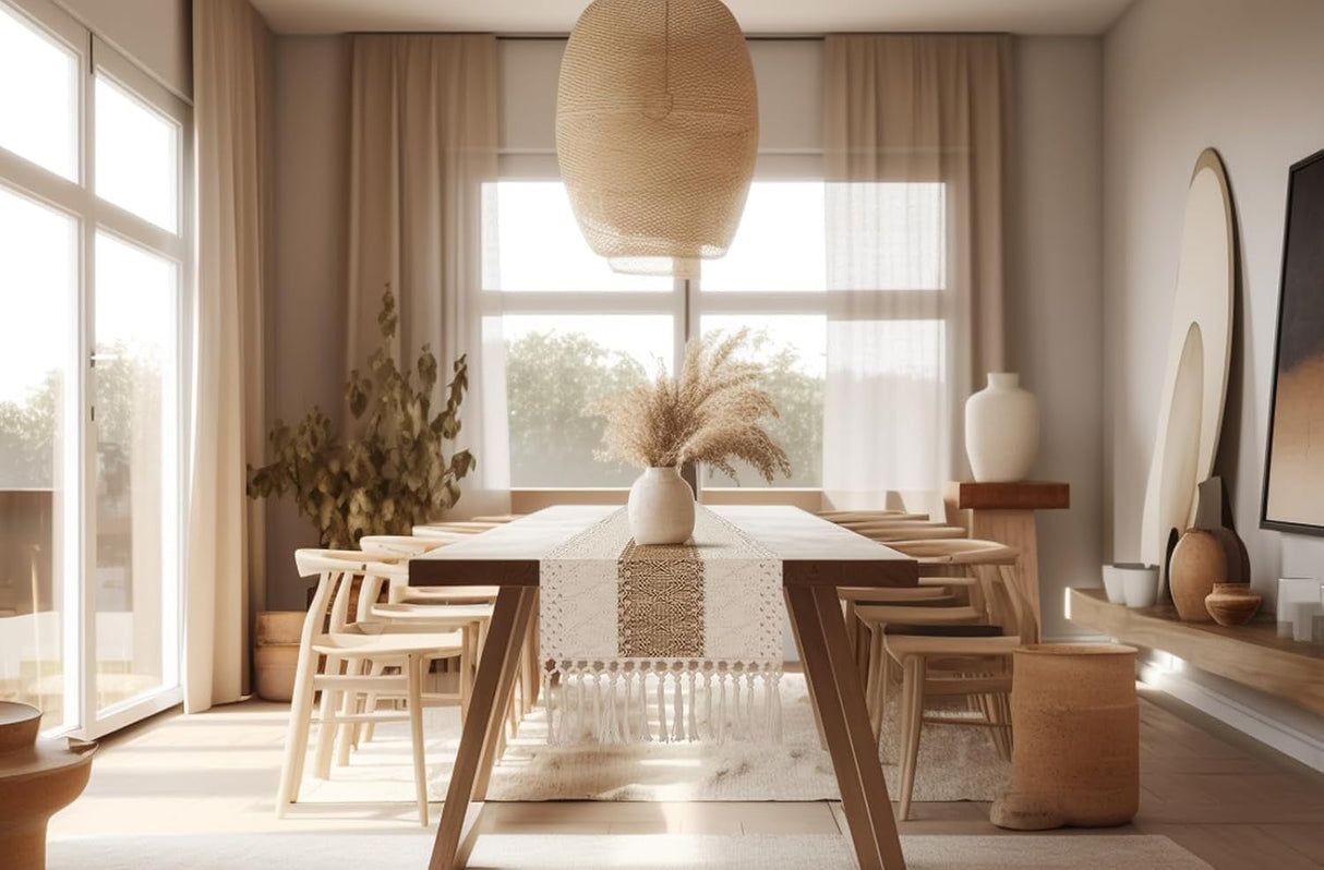 Boho Macrame-bordlöpare – Rustik säckvävsberlock med tofsar MILA Sverige