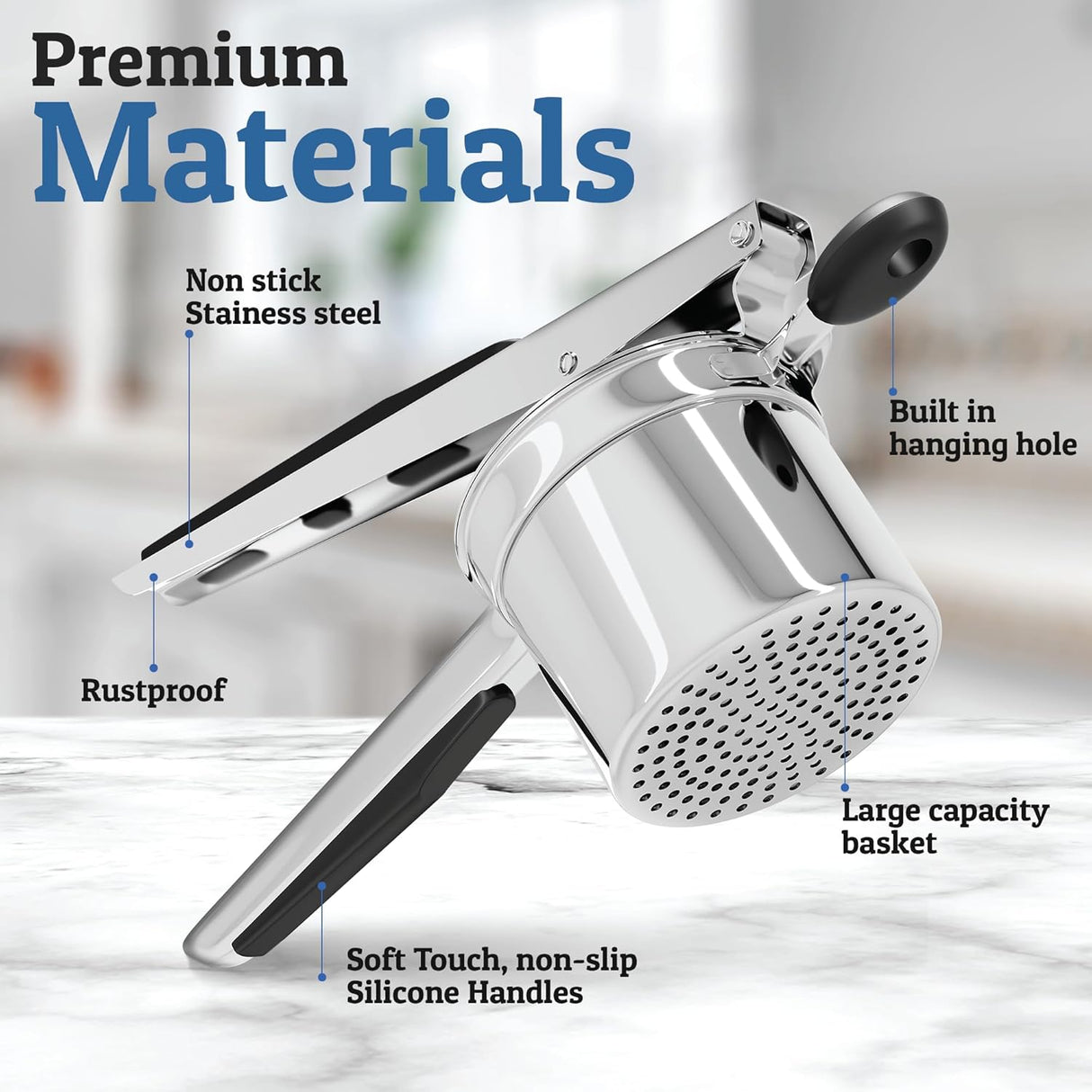 Carvallo Pro rostfritt stål potatispress 15oz | Extra stor kapacitet | För puré, grönsaker & frukt | Klumpfri & robust Carvallo