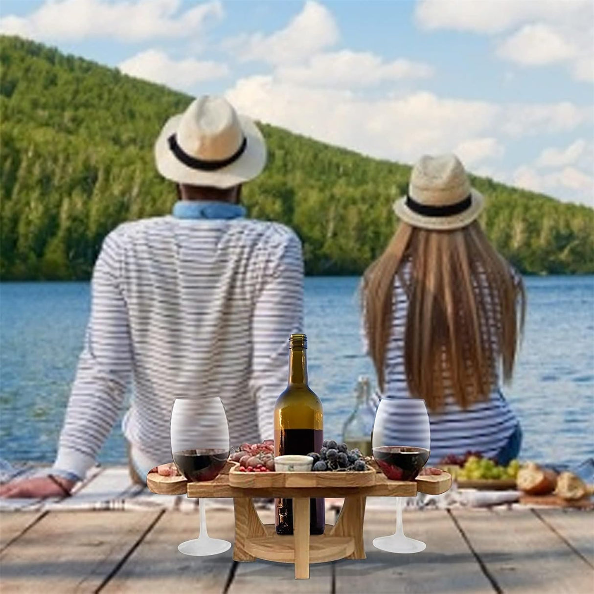 Carvallo-in-1 Utomhusbord Frulino DuoTray | Fällbar fruktskål & vinglasstativ | Av trä | Bärbar & Elegant | För picknick & trädgård Carvallo