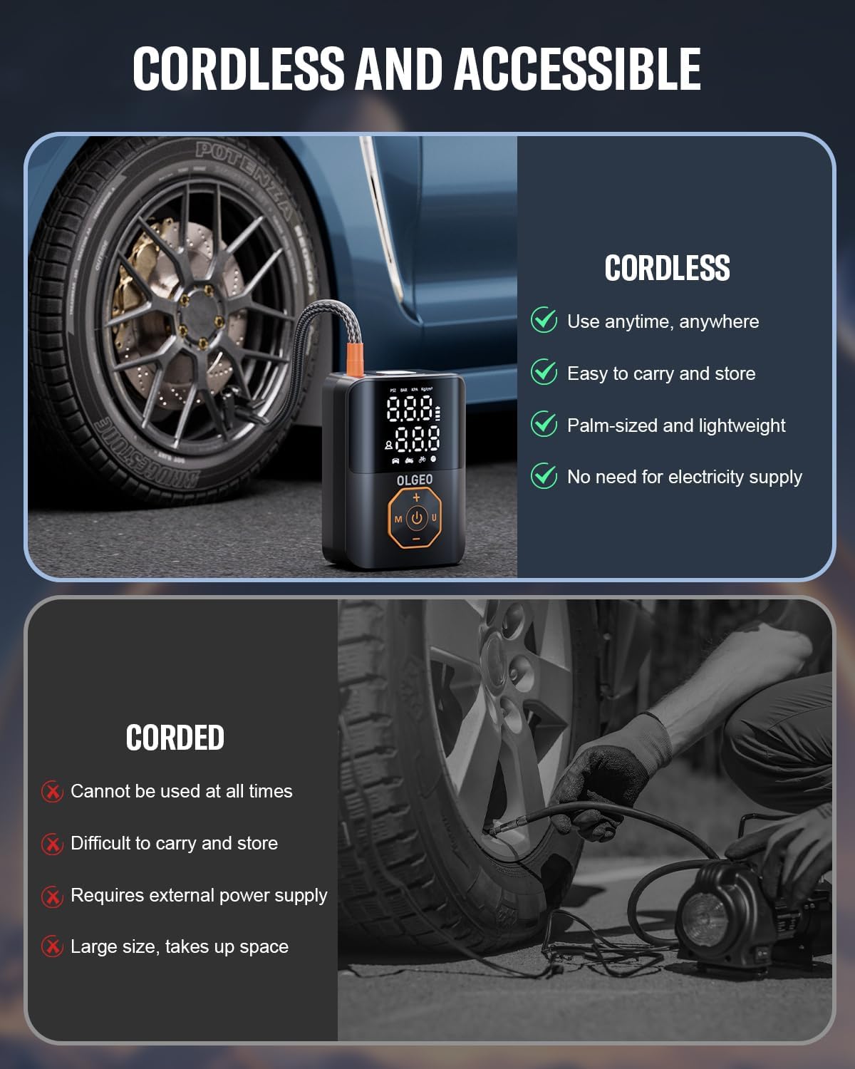 Carvallo Akku-luftkompressor 18000mAh | 160 PSI Kraft | Bärbar däcktryckpump för bil, motorcykel & cykel | Med tillbehör & väska Carvallo
