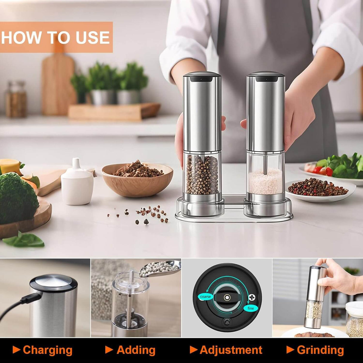 Royallure Electric Salt & Pepper Grinder Set – Justerbar Grovlek, LED-Decorator, Enhandanvändning Carvallo