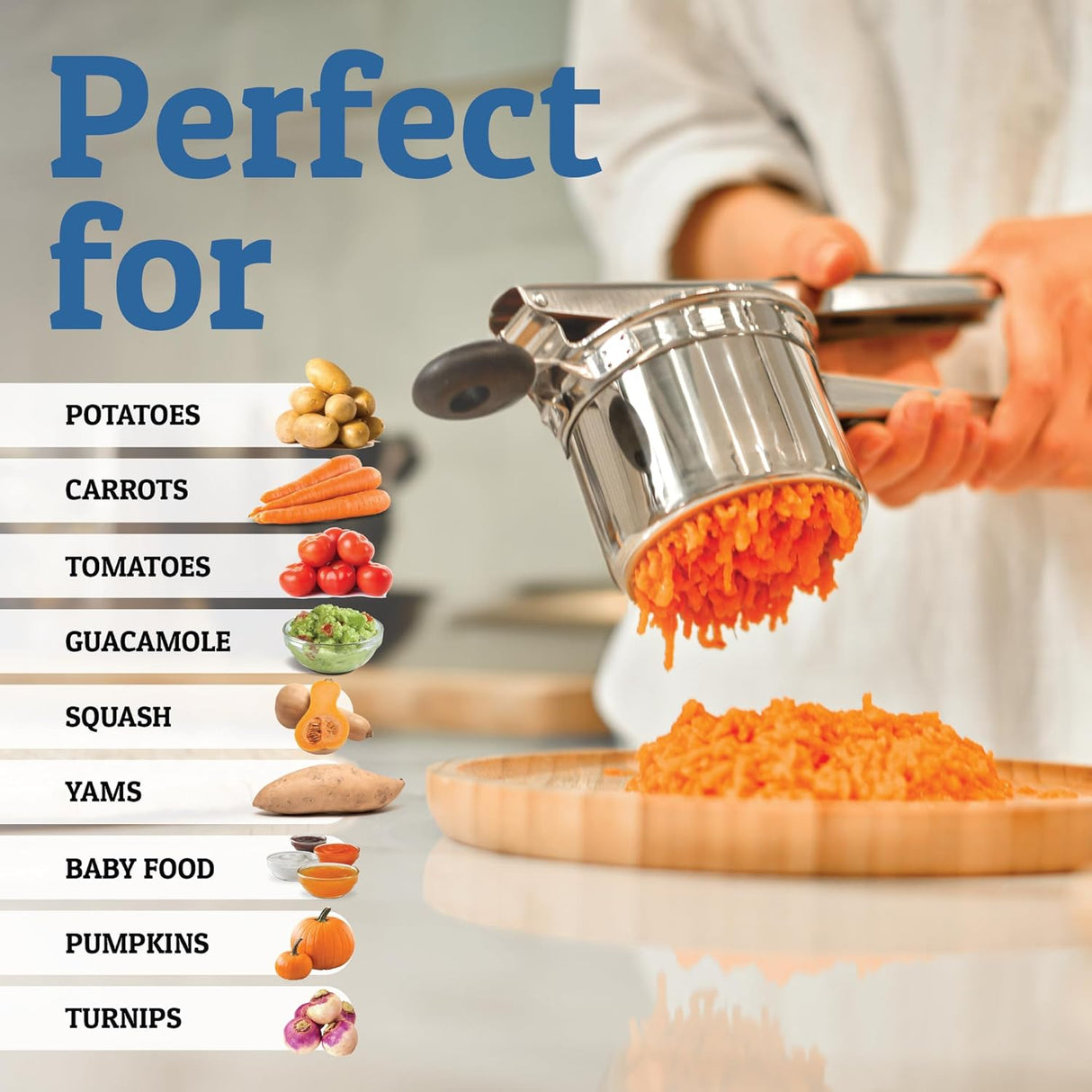 Carvallo Pro rostfritt stål potatispress 15oz | Extra stor kapacitet | För puré, grönsaker & frukt | Klumpfri & robust Carvallo